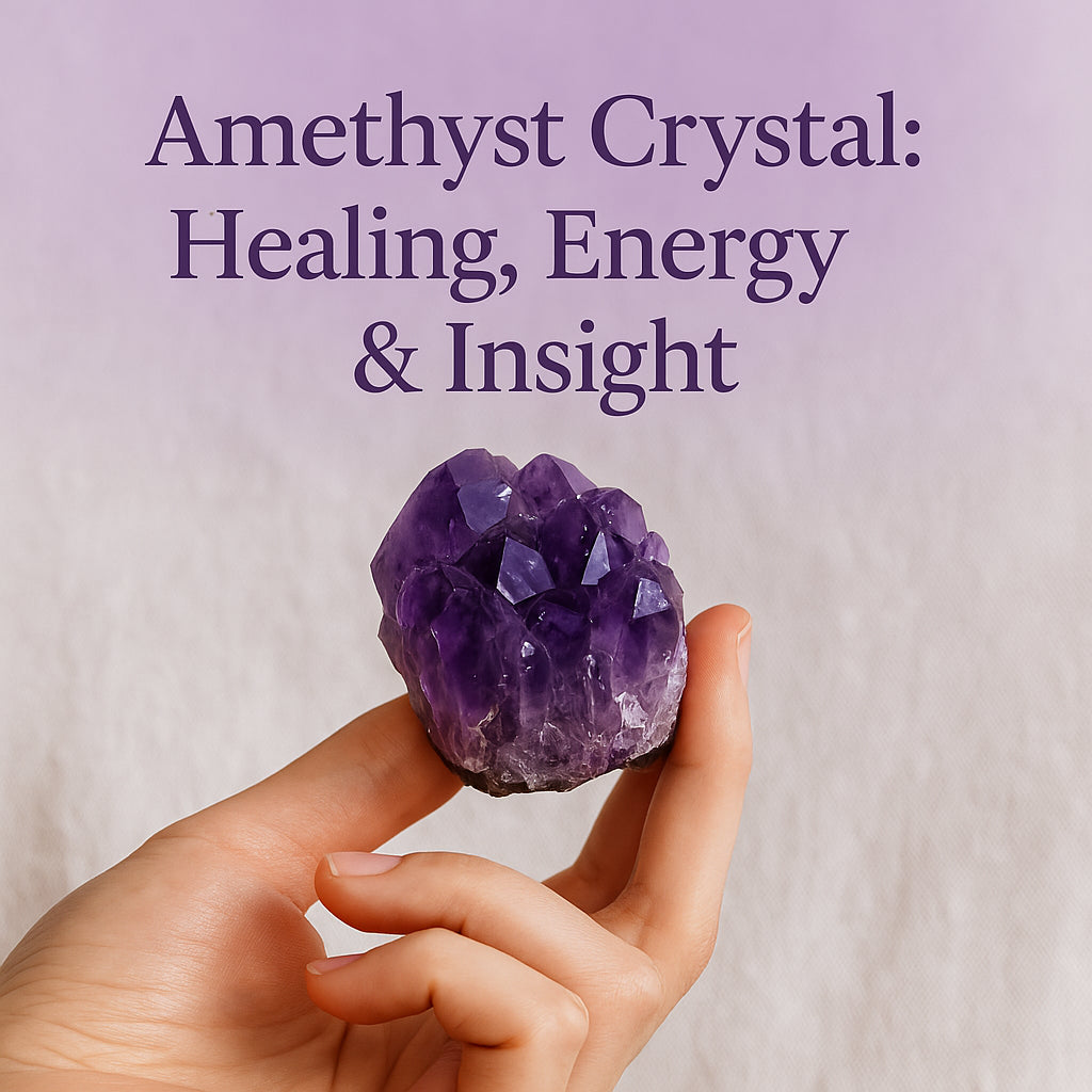 Close-up of a woman's hand holding a raw amethyst crystal against a soft lavender gradient background, with text above reading 'Amethyst Crystal: Healing, Energy & Insight'.